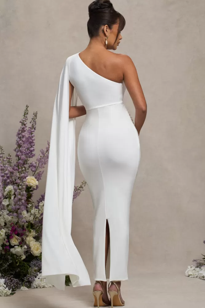 Club L London Amaryllis | Maternity One Shoulder Maxi Dress with Cape Sleeve WHITE Online