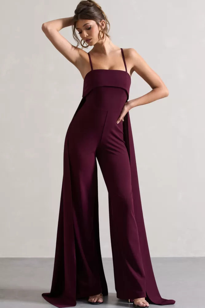 Club L London Amaya | Dark Plum Bandeau Wide-Leg Jumpsuit With Cape BLACKCURRENT Flash Sale