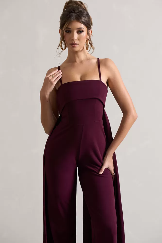 Club L London Amaya | Dark Plum Bandeau Wide-Leg Jumpsuit With Cape BLACKCURRENT Flash Sale