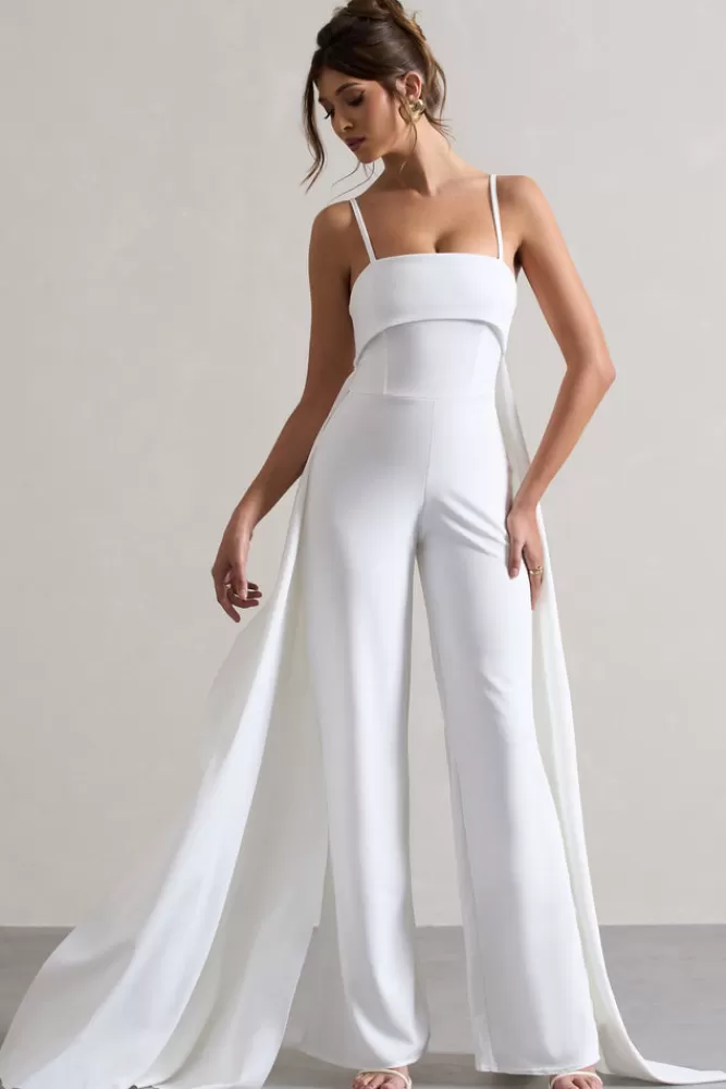 Club L London Amaya | Bandeau Wide-Leg Jumpsuit With Cape WHITE New