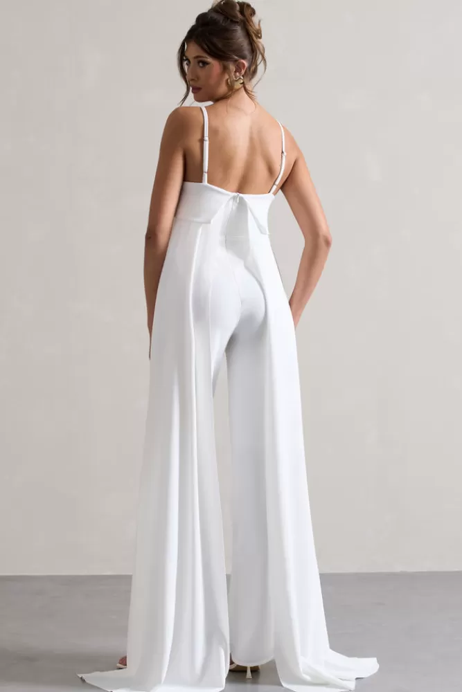 Club L London Amaya | Bandeau Wide-Leg Jumpsuit With Cape WHITE New