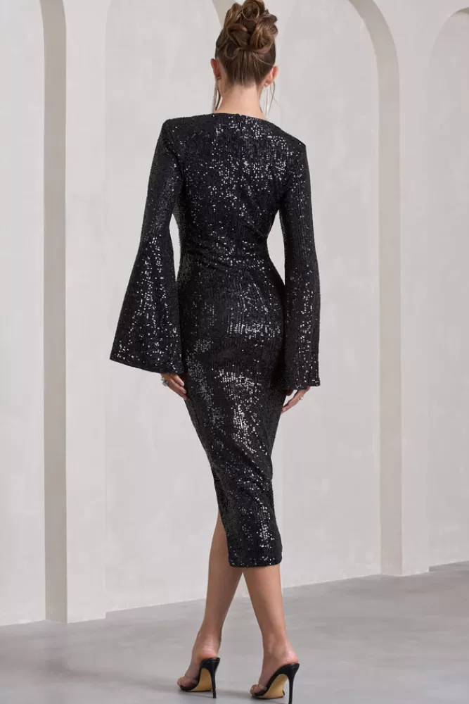 Club L London Amber | Sequin Plunge Wrap Midi Dress with Cape Sleeves and Front Split BLACK Outlet