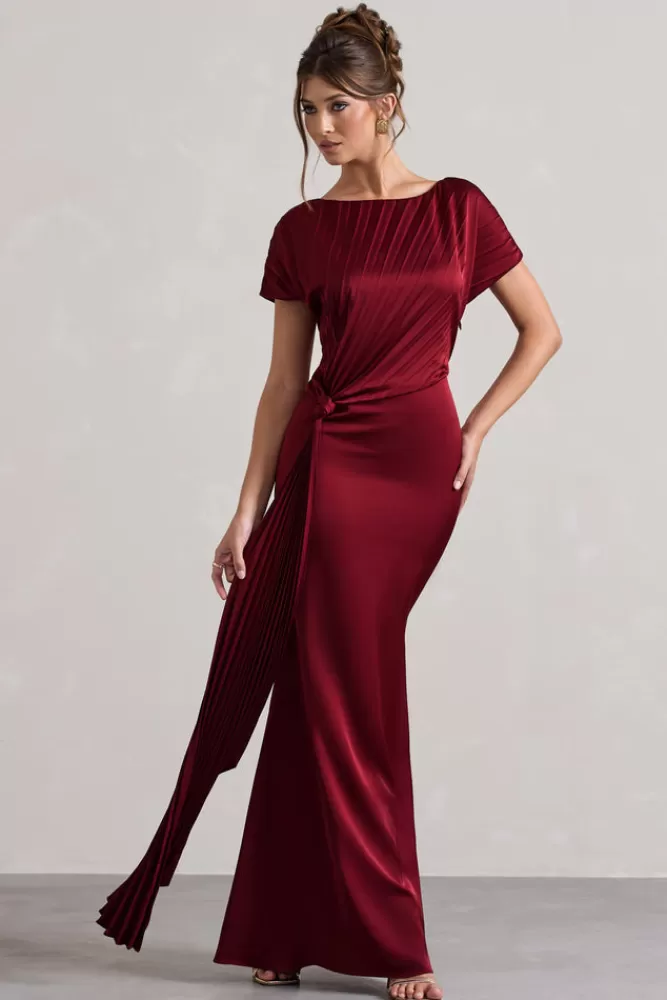 Club L London Ambrosia | Satin Pleated Maxi Dress With Drape BERRY New