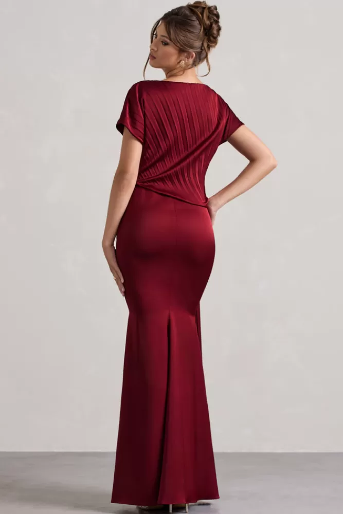 Club L London Ambrosia | Satin Pleated Maxi Dress With Drape BERRY New