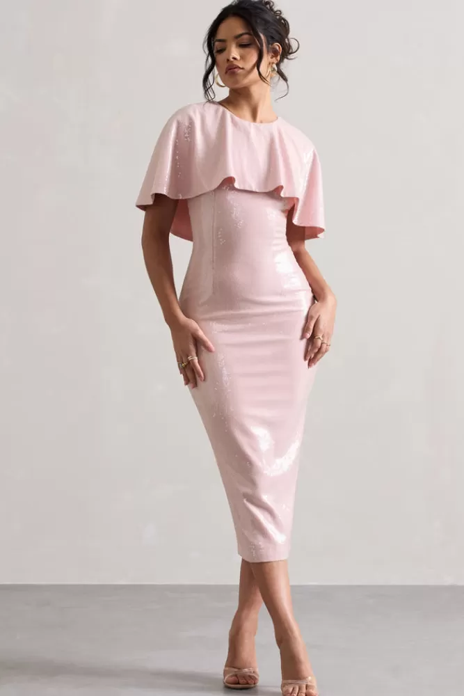 Club L London Amelie | Pastel Pink Sequin Midi Dress With Cape SOFTPINK Best