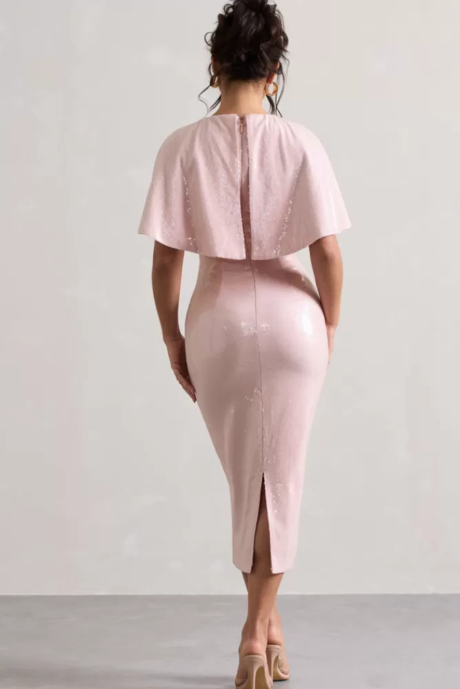 Club L London Amelie | Pastel Pink Sequin Midi Dress With Cape SOFTPINK Best