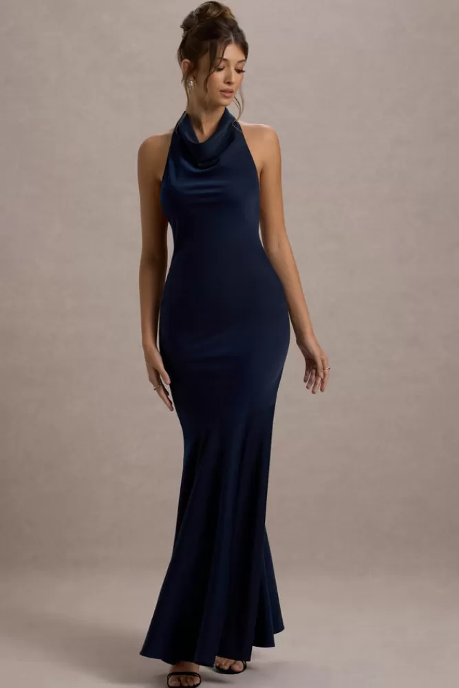 Club L London Amelita | Satin Cowl-Neck Fishtail Maxi Dress navy Cheap