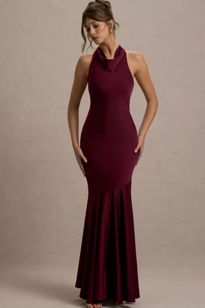 Club L London Amelita | Satin Cowl-Neck Fishtail Maxi Dress port Outlet