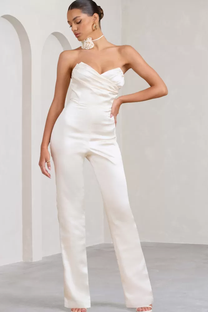 Club L London Amiah | Satin Strapless Straight-Leg Jumpsuit CREAM Best