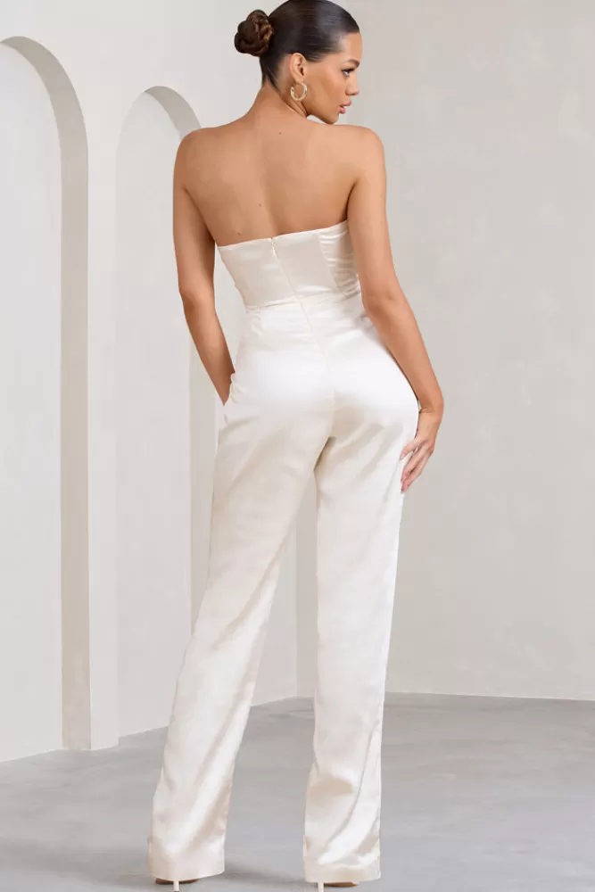 Club L London Amiah | Satin Strapless Straight-Leg Jumpsuit CREAM Best