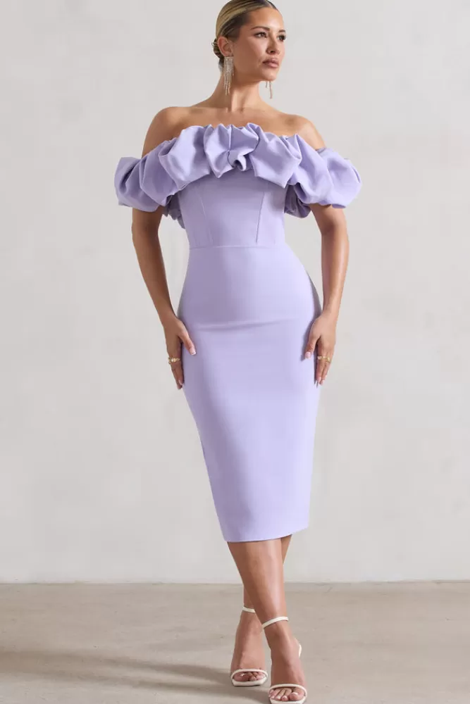 Club L London Amie | Lilac Structured Ruffle Bardot Midi Dress PASTELLILAC Sale