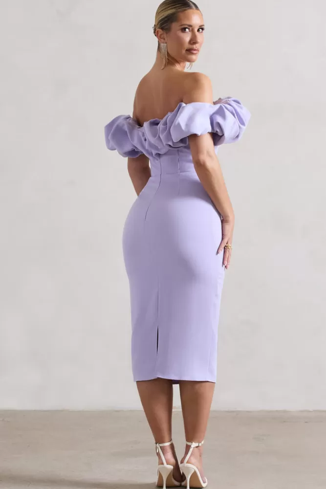 Club L London Amie | Lilac Structured Ruffle Bardot Midi Dress PASTELLILAC Sale