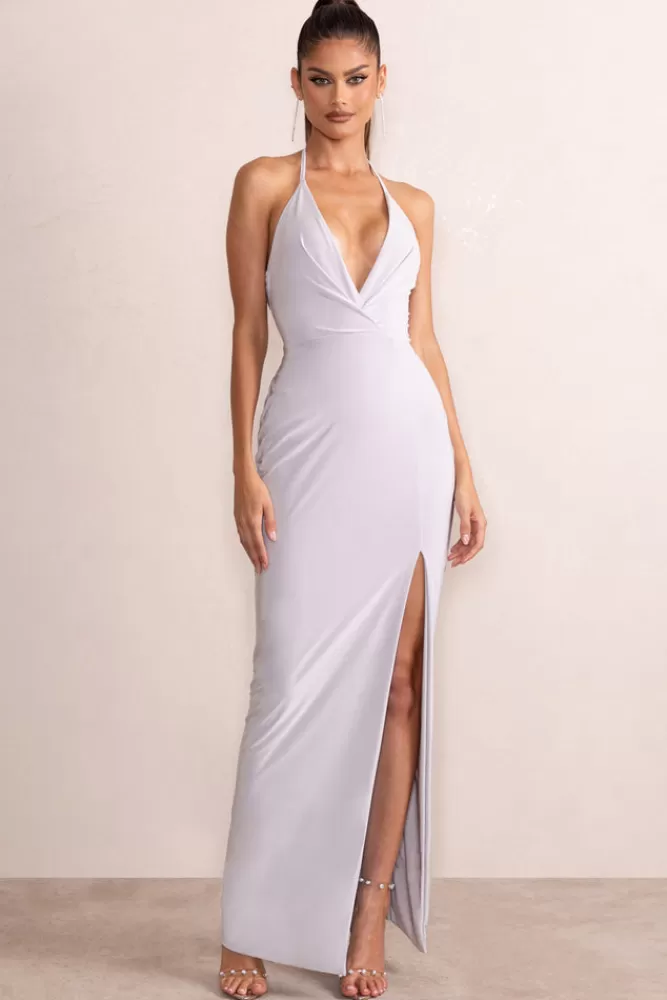Club L London Amira | Plunge Neck Cowl Back Maxi Dress With Diamante Trim Silver New