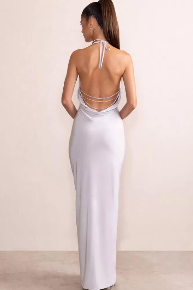 Club L London Amira | Plunge Neck Cowl Back Maxi Dress With Diamante Trim Silver New