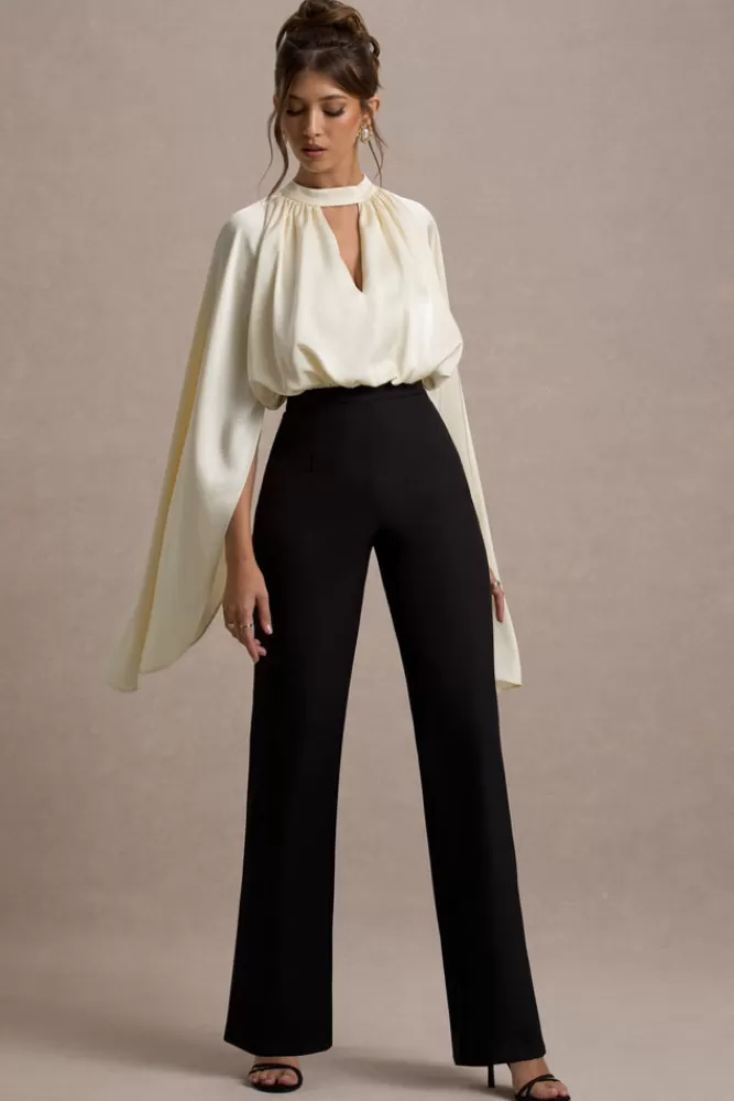 Club L London Amity | Black u0026 Cream Wide-Leg Jumpsuit With Satin Cape Sleeves BLACKANDWHITE Hot