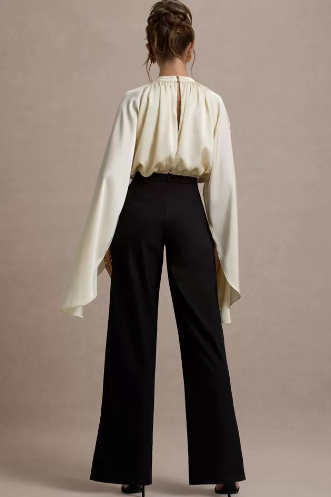 Club L London Amity | Black u0026 Cream Wide-Leg Jumpsuit With Satin Cape Sleeves BLACKANDWHITE Hot