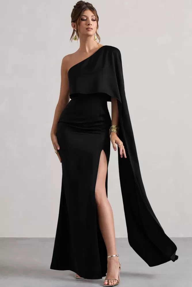 Club L London Amora | Satin Asymmetric Cape-Sleeve Split Maxi Dress BLACK Online