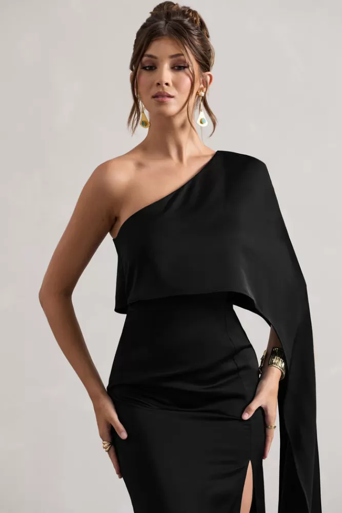 Club L London Amora | Satin Asymmetric Cape-Sleeve Split Maxi Dress BLACK Online