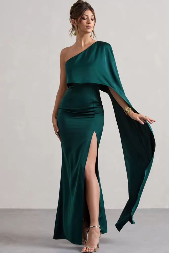 Club L London Amora | Bottle Green Satin Asymmetric Cape-Sleeve Split Maxi Dress BOTTLEGREEN Cheap