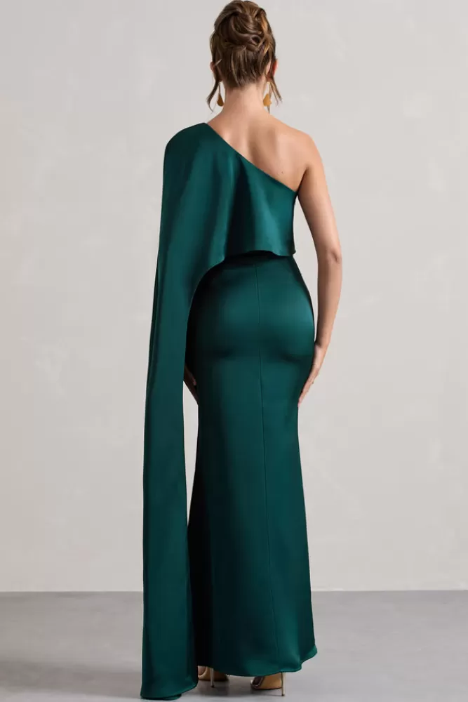 Club L London Amora | Bottle Green Satin Asymmetric Cape-Sleeve Split Maxi Dress BOTTLEGREEN Cheap