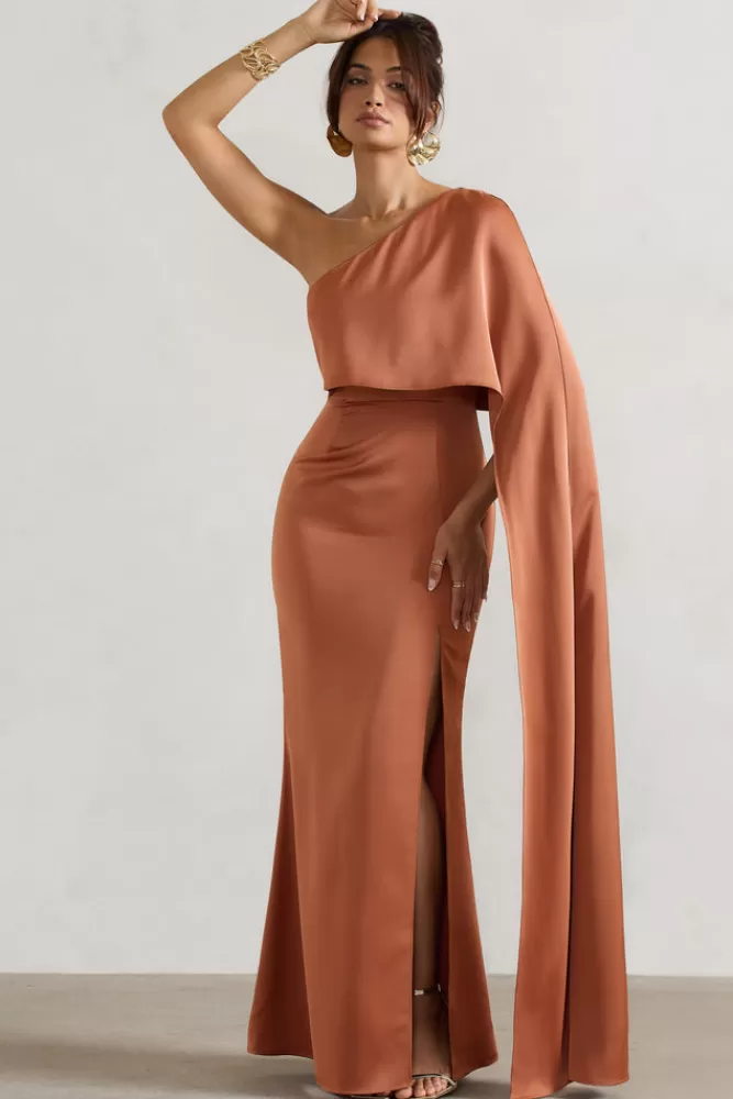 Club L London Amora | Satin Asymmetric Cape-Sleeve Split Maxi Dress RUST Best Sale