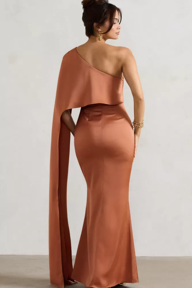 Club L London Amora | Satin Asymmetric Cape-Sleeve Split Maxi Dress RUST Best Sale