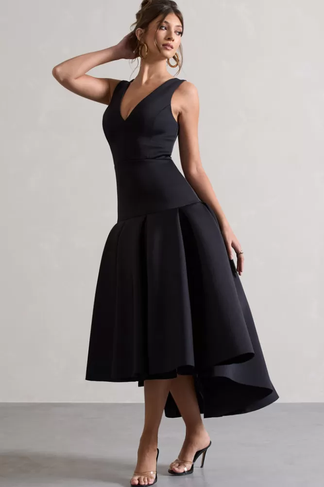 Club L London Amoret | Plunge-Neck Maxi Dress With Volume Hem BLACK Hot