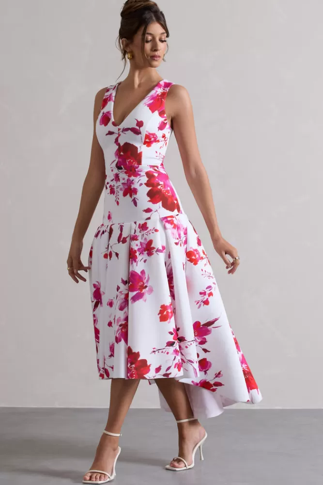 Club L London Amoret | Pink Floral Plunge-Neck Maxi Dress With Volume Hem PRINT Shop