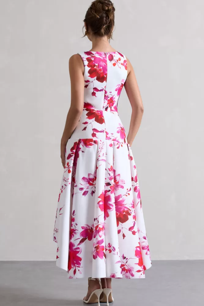 Club L London Amoret | Pink Floral Plunge-Neck Maxi Dress With Volume Hem PRINT Shop