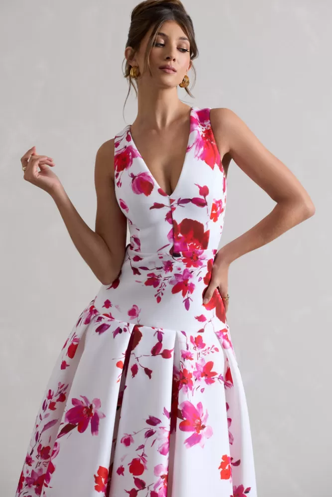 Club L London Amoret | Pink Floral Plunge-Neck Maxi Dress With Volume Hem PRINT Shop