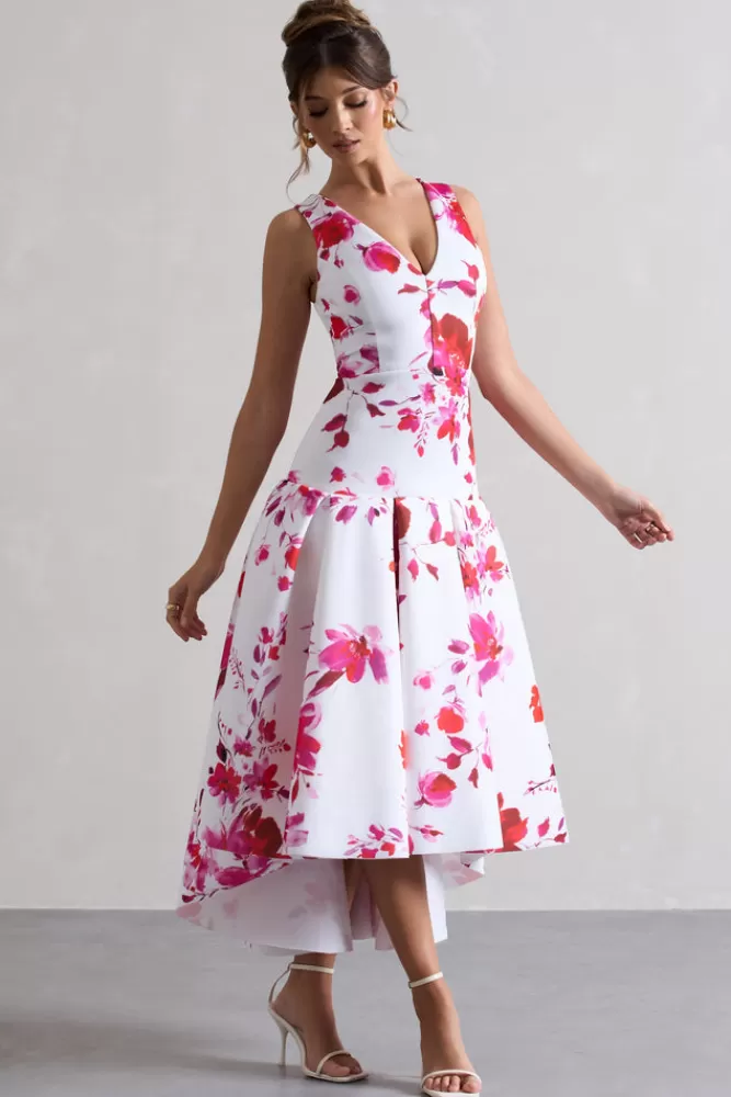 Club L London Amoret | Pink Floral Plunge-Neck Maxi Dress With Volume Hem PRINT Shop