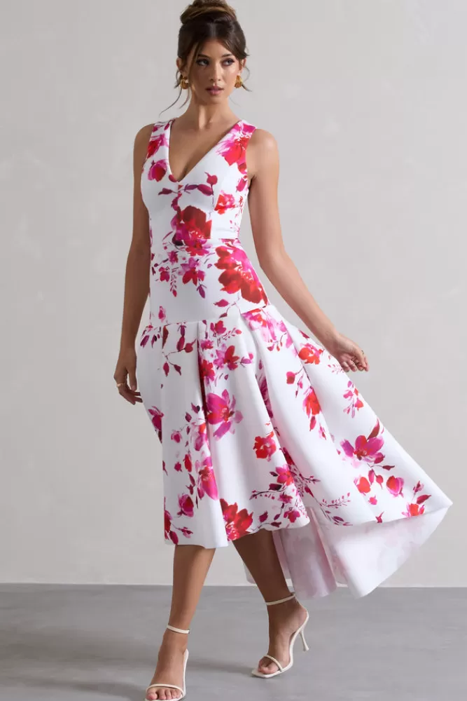 Club L London Amoret | Pink Floral Plunge-Neck Maxi Dress With Volume Hem PRINT Shop