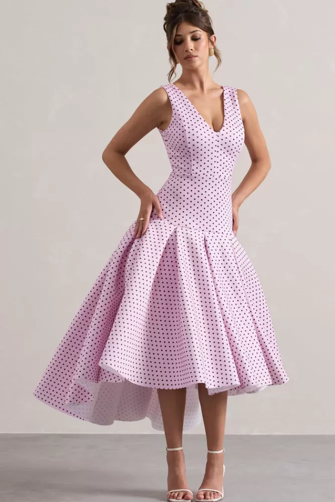 Club L London Amoret | Pink Polka Dot Plunge-Neck Maxi Dress With Volume Hem PINKPOLKA Best Sale