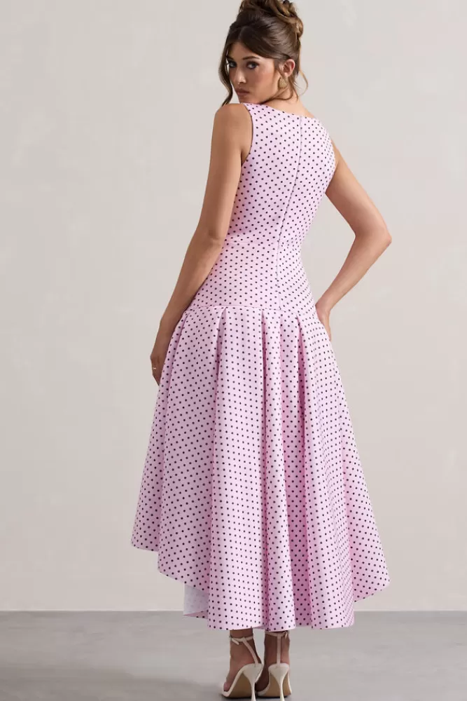 Club L London Amoret | Pink Polka Dot Plunge-Neck Maxi Dress With Volume Hem PINKPOLKA Best Sale