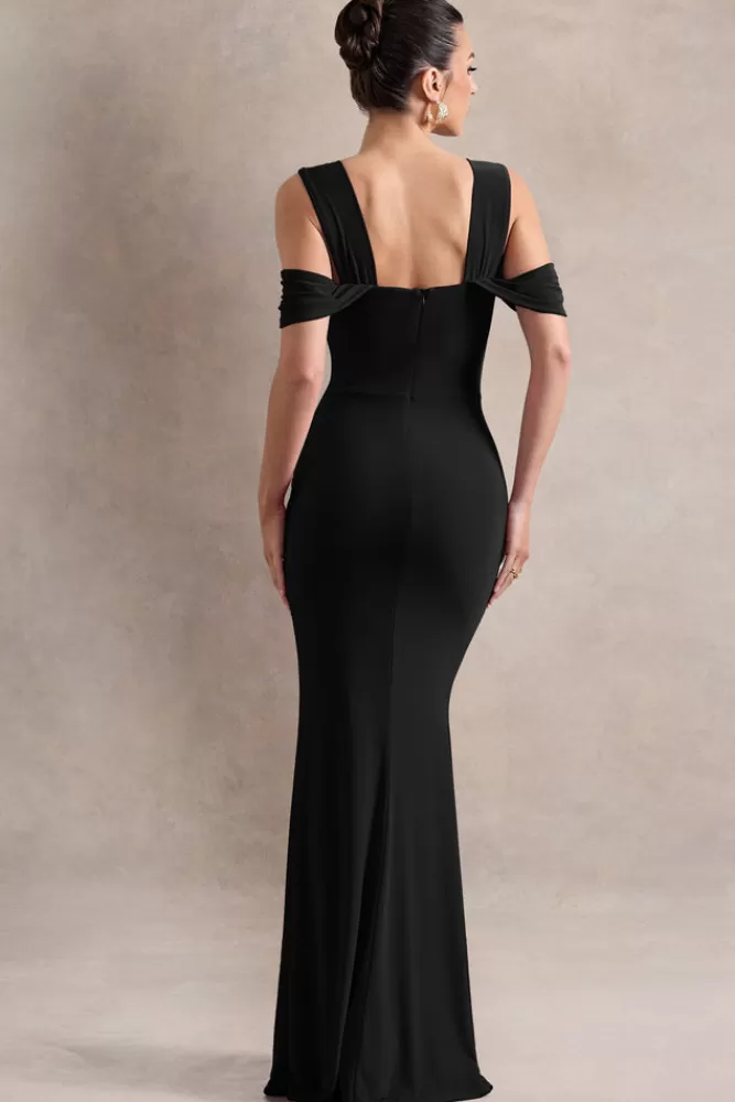 Club L London Amoura | Square-Neck Draped Wrap Maxi Dress BLACK Fashion