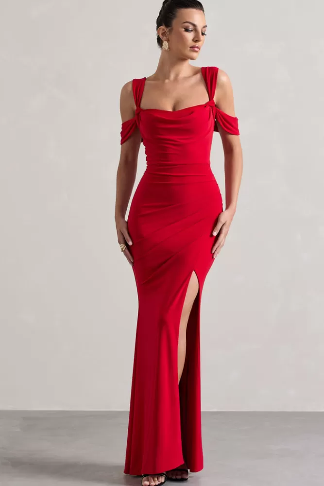 Club L London Amoura | Square-Neck Draped Wrap Maxi Dress RED Cheap