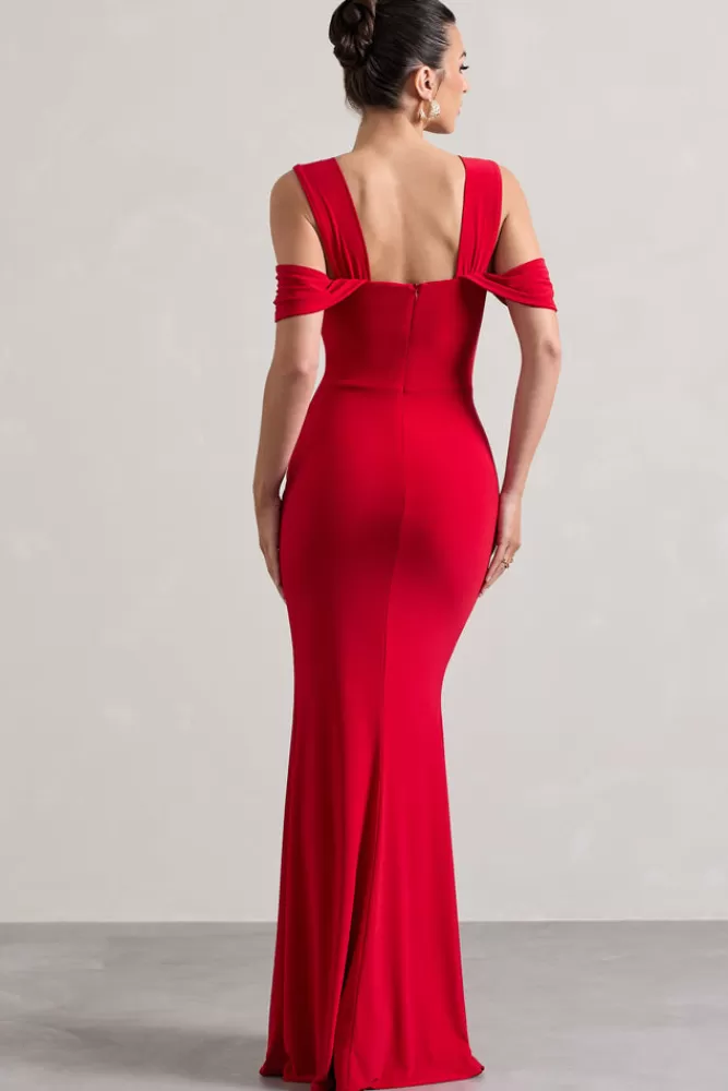 Club L London Amoura | Square-Neck Draped Wrap Maxi Dress RED Cheap