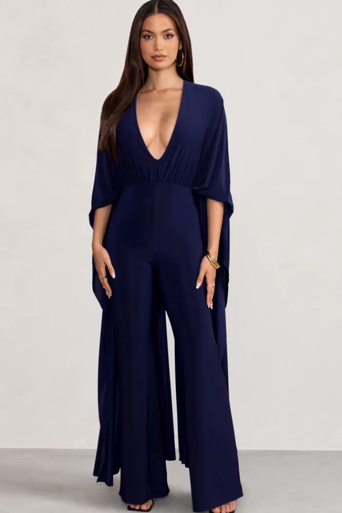 Club L London Anais | Plunge Jumpsuit with Cape NAVY Cheap