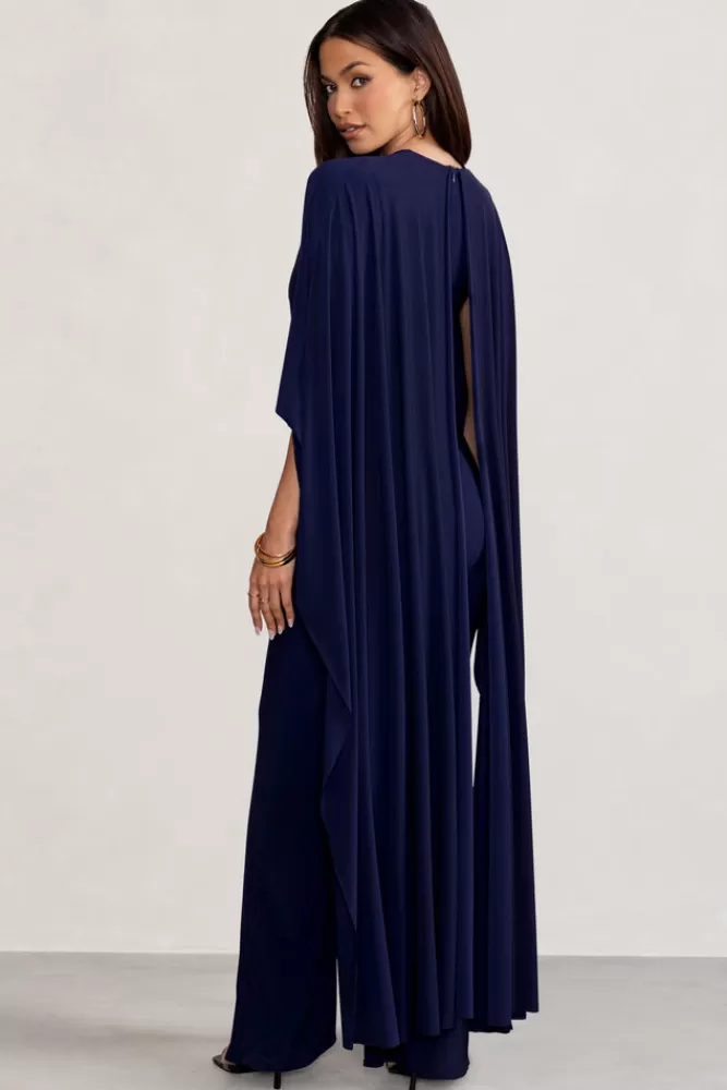 Club L London Anais | Plunge Jumpsuit with Cape NAVY Cheap