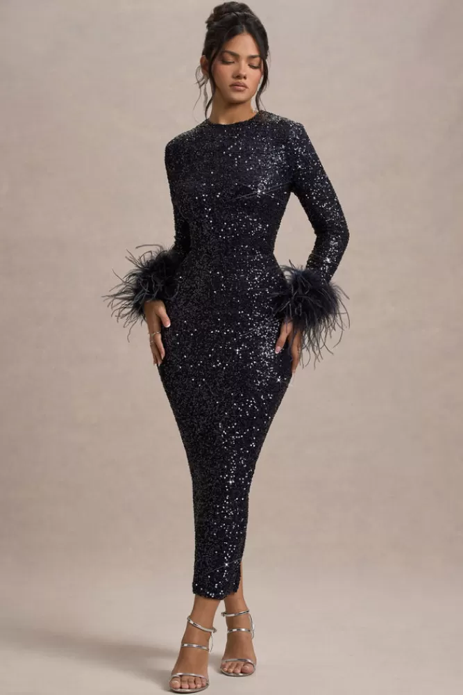 Club L London Analina | Sequin Long-Sleeved Midi Dress With Feather Cuffs NAVY Cheap