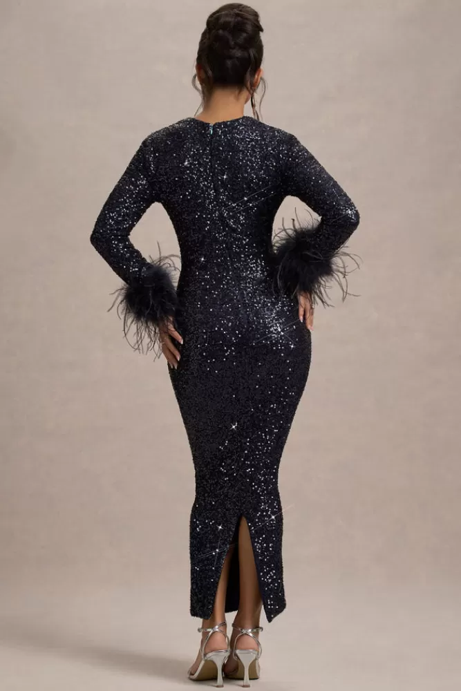 Club L London Analina | Sequin Long-Sleeved Midi Dress With Feather Cuffs NAVY Cheap