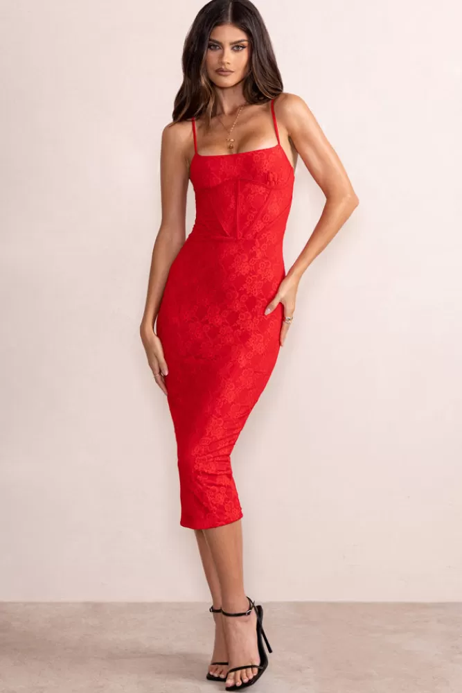 Club L London Anele | Lace Overlay Corset Midi Dress RED Fashion