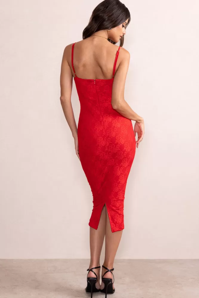 Club L London Anele | Lace Overlay Corset Midi Dress RED Fashion