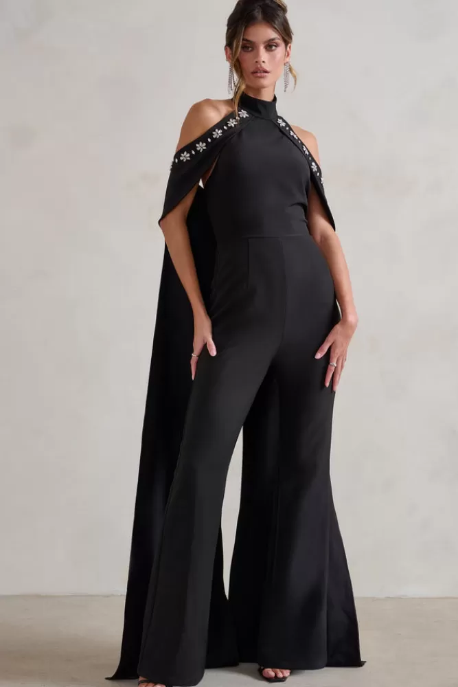Club L London Angel | High Neck Jumpsuit with Cold Shoulder Cape Sleeves BLACK Hot
