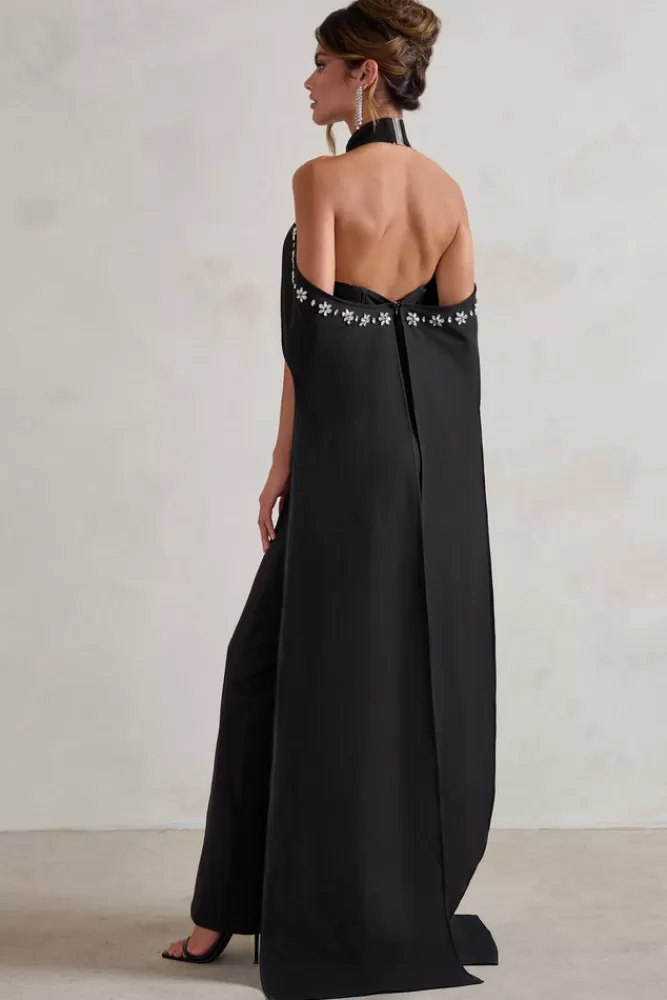 Club L London Angel | High Neck Jumpsuit with Cold Shoulder Cape Sleeves BLACK Hot
