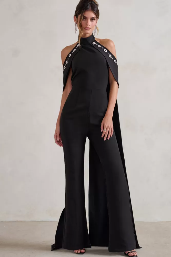 Club L London Angel | High Neck Jumpsuit with Cold Shoulder Cape Sleeves BLACK Hot