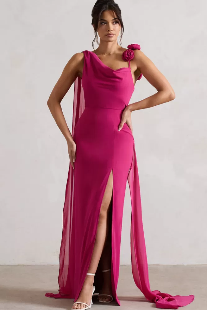 Club L London Angeline | Dark Pink Chiffon Draped Split Maxi Dress With Corsages MAGENTA Clearance