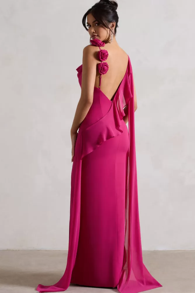 Club L London Angeline | Dark Pink Chiffon Draped Split Maxi Dress With Corsages MAGENTA Clearance