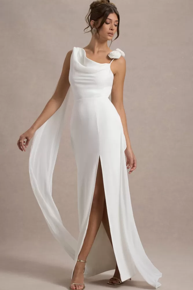 Club L London Angeline | Chiffon Draped Split Maxi Dress With Corsages WHITE New