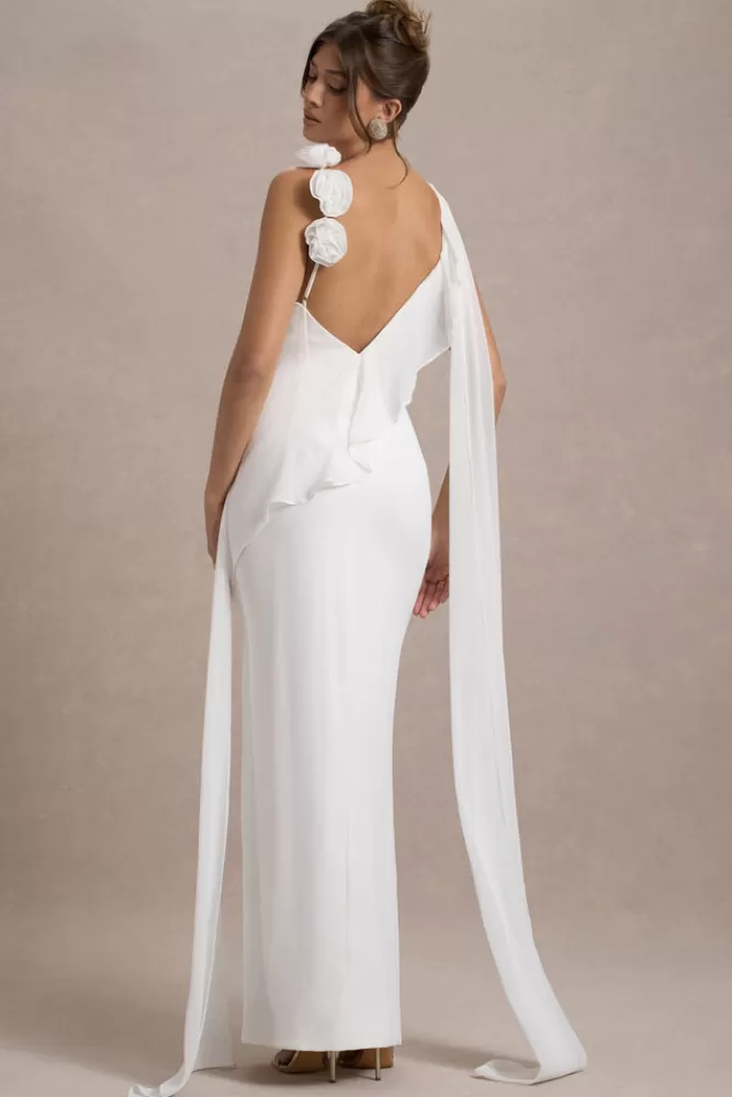 Club L London Angeline | Chiffon Draped Split Maxi Dress With Corsages WHITE New